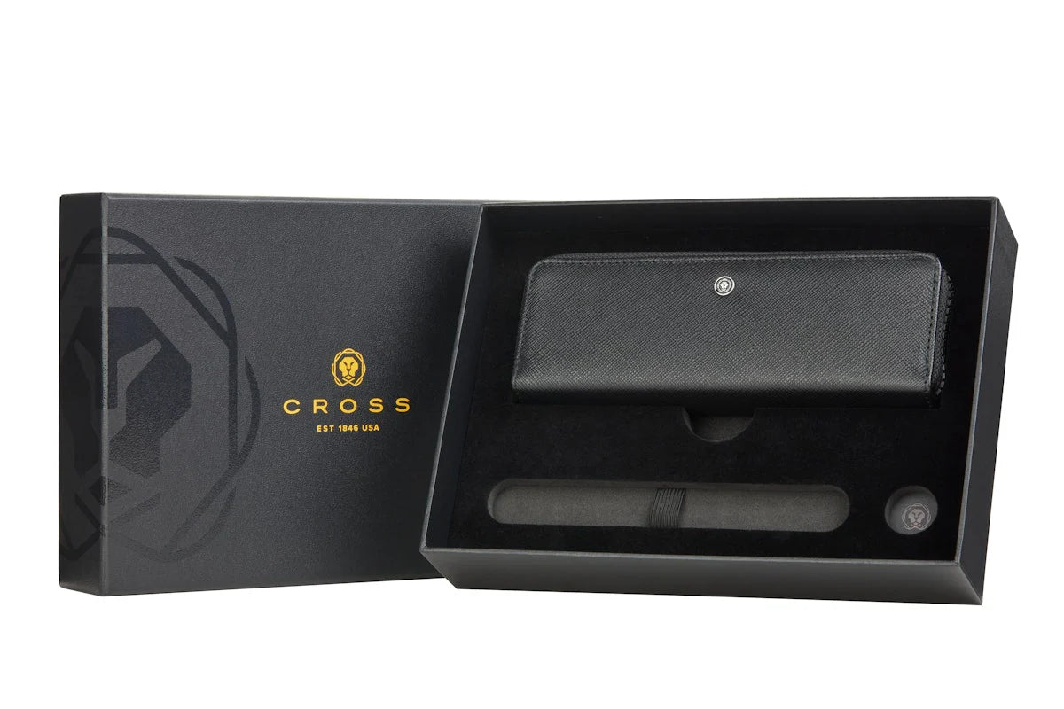 Cross Classic Black Leather Zippered Double Pen Case Gift Bundle